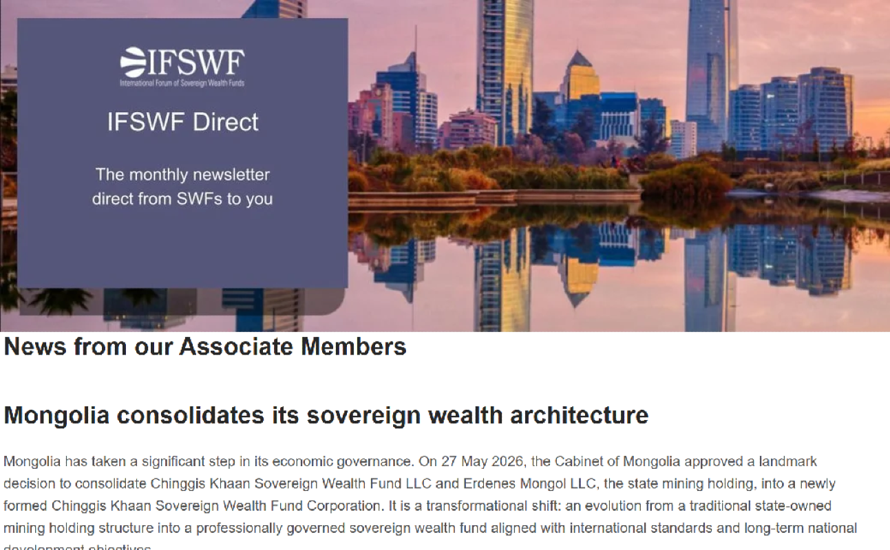 Chinggis Khaan Sovereign Wealth Fund Highlighted in the Latest IFSWF Newsletter